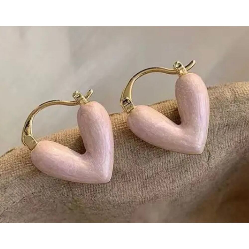 Pink Enamel Heart Huggie Earrings